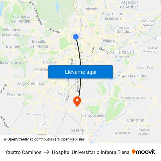 Cuatro Caminos to Hospital Universitario Infanta Elena map