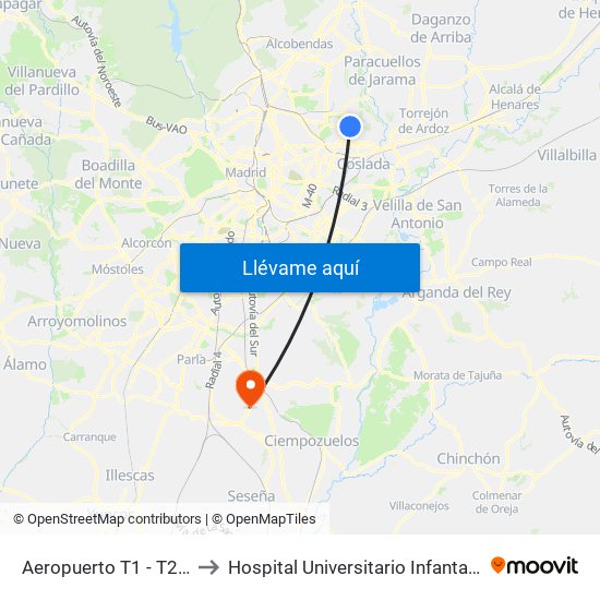 Aeropuerto T1 - T2 - T3 to Hospital Universitario Infanta Elena map