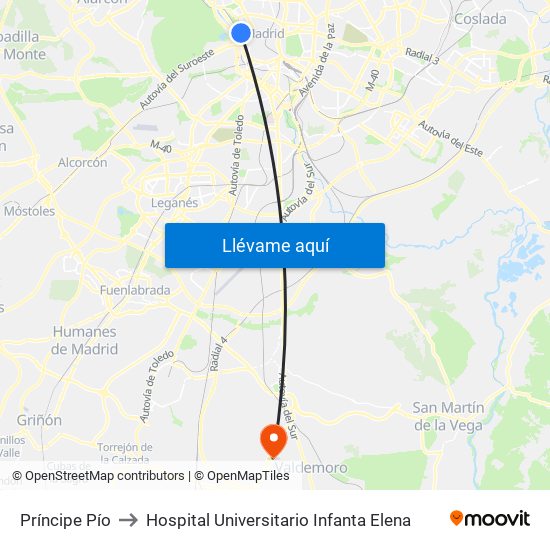 Príncipe Pío to Hospital Universitario Infanta Elena map
