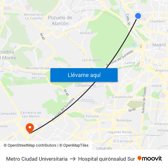 Metro Ciudad Universitaria to Hospital quirónsalud Sur map