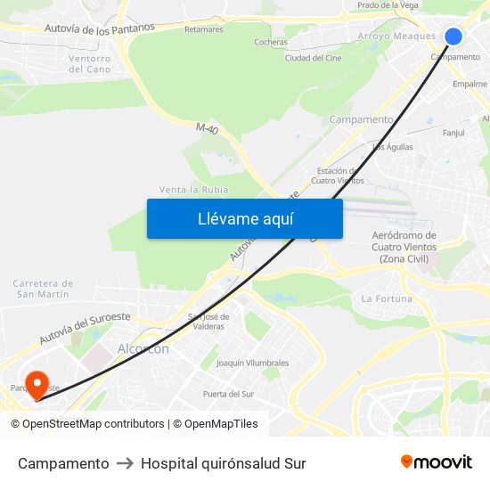Campamento to Hospital quirónsalud Sur map