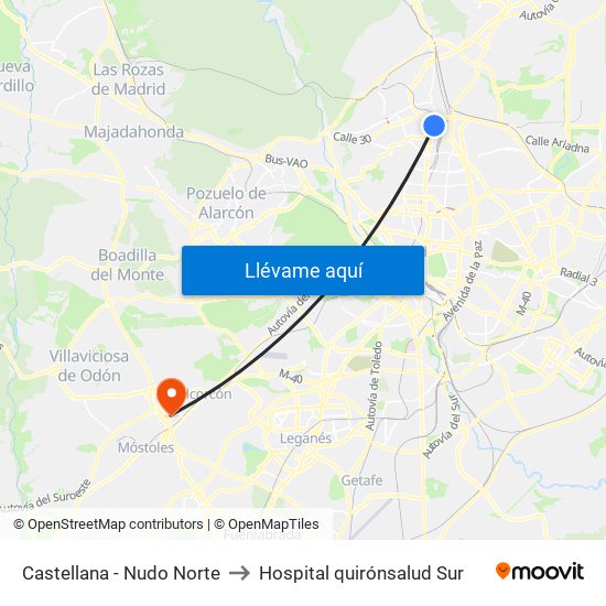 Castellana - Nudo Norte to Hospital quirónsalud Sur map