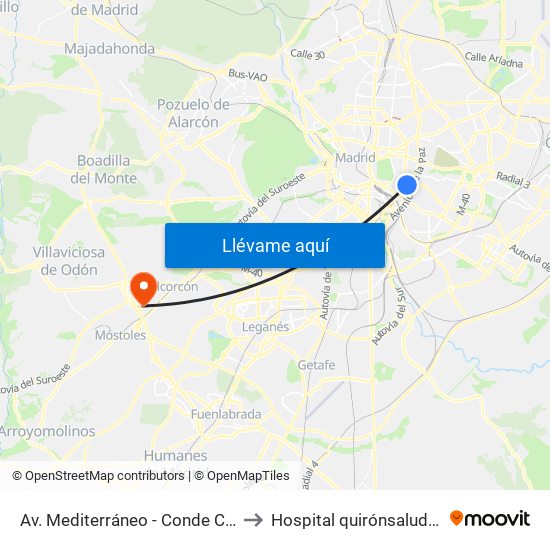 Av. Mediterráneo - Conde Casal to Hospital quirónsalud Sur map