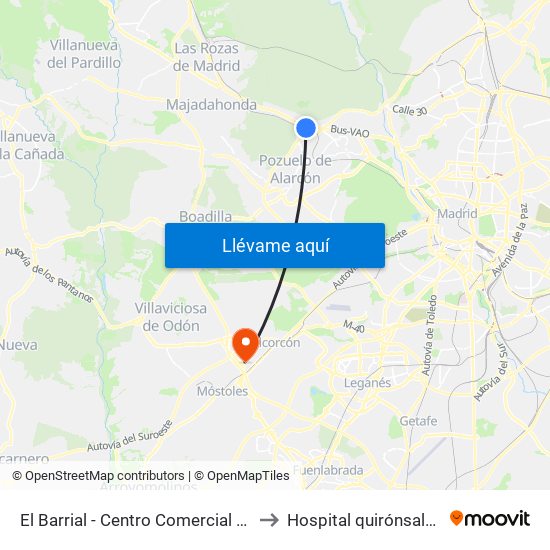 El Barrial - Centro Comercial Pozuelo to Hospital quirónsalud Sur map