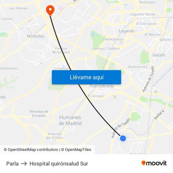 Parla to Hospital quirónsalud Sur map