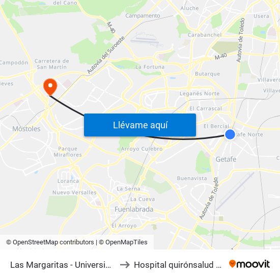 Las Margaritas - Universidad to Hospital quirónsalud Sur map