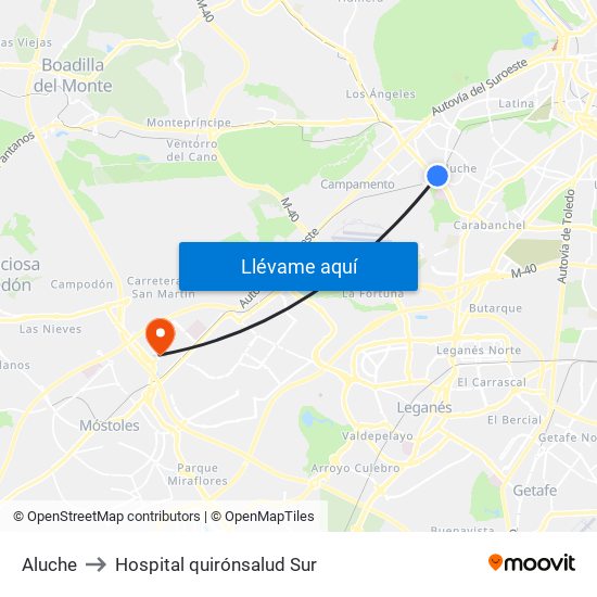 Aluche to Hospital quirónsalud Sur map