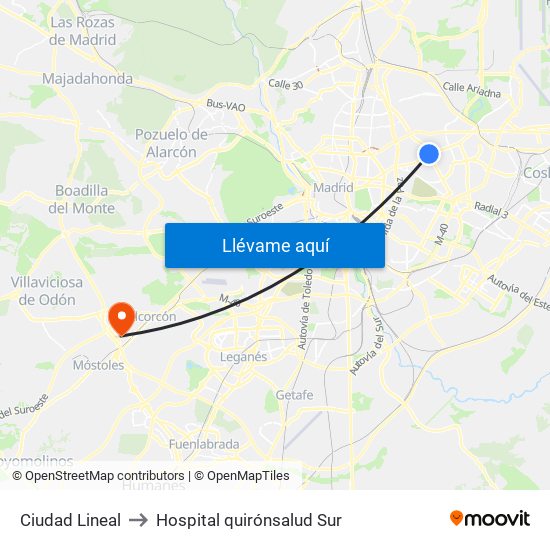 Ciudad Lineal to Hospital quirónsalud Sur map