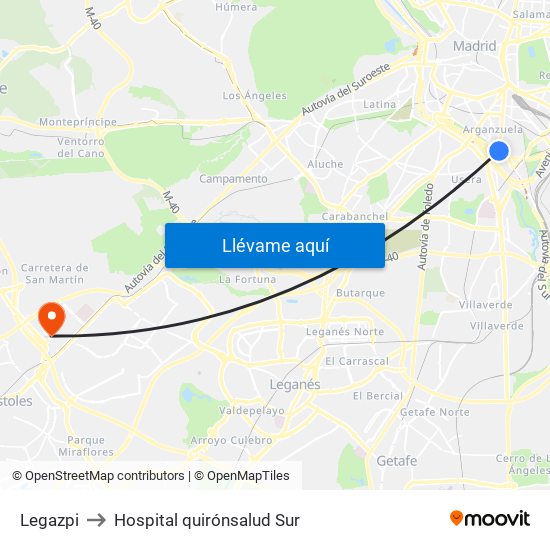 Legazpi to Hospital quirónsalud Sur map