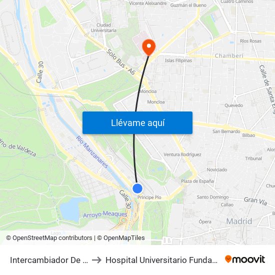 Intercambiador De Príncipe Pío to Hospital Universitario Fundación Jiménez Díaz map