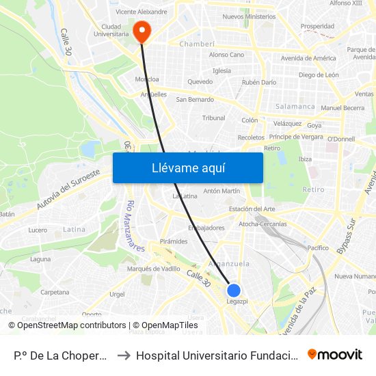 P.º De La Chopera - Legazpi to Hospital Universitario Fundación Jiménez Díaz map
