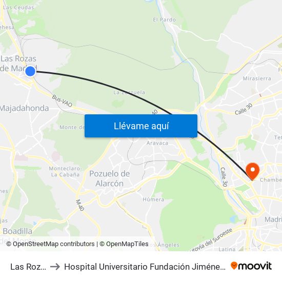 Las Rozas to Hospital Universitario Fundación Jiménez Díaz map
