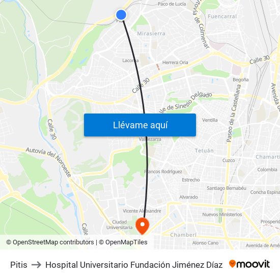 Pitis to Hospital Universitario Fundación Jiménez Díaz map