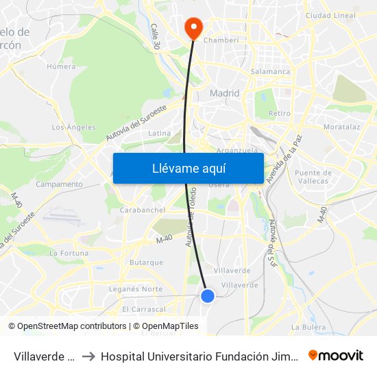 Villaverde Alto to Hospital Universitario Fundación Jiménez Díaz map