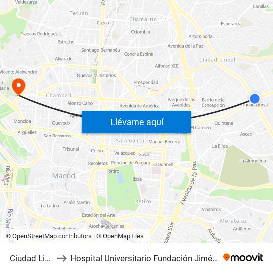 Ciudad Lineal to Hospital Universitario Fundación Jiménez Díaz map