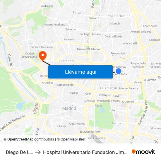 Diego De León to Hospital Universitario Fundación Jiménez Díaz map