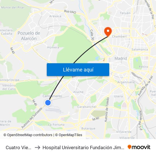 Cuatro Vientos to Hospital Universitario Fundación Jiménez Díaz map