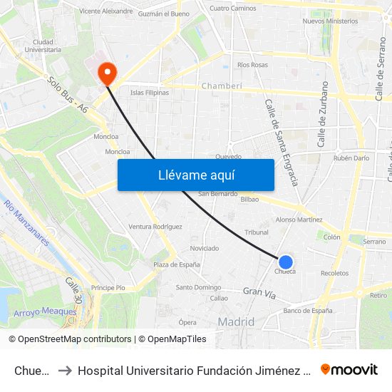 Chueca to Hospital Universitario Fundación Jiménez Díaz map