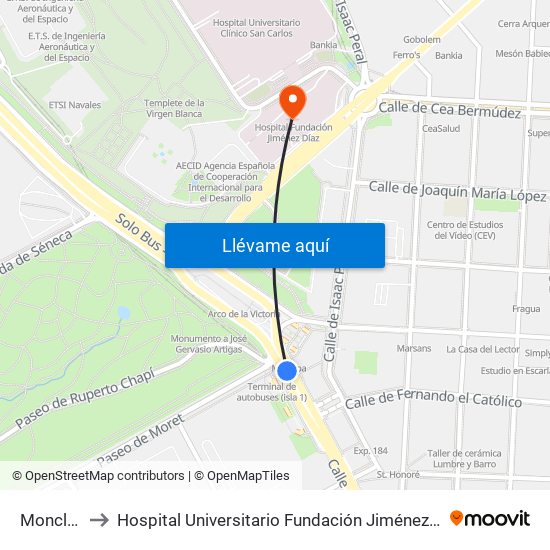 Moncloa to Hospital Universitario Fundación Jiménez Díaz map