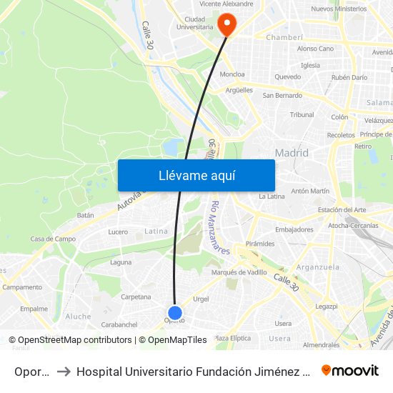 Oporto to Hospital Universitario Fundación Jiménez Díaz map