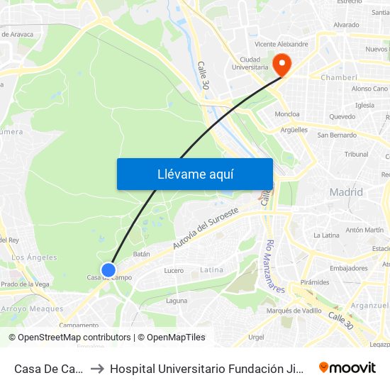 Casa De Campo to Hospital Universitario Fundación Jiménez Díaz map