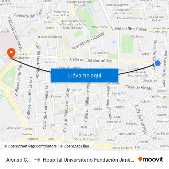 Alonso Cano to Hospital Universitario Fundación Jiménez Díaz map
