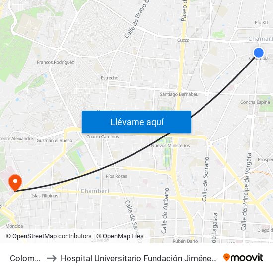 Colombia to Hospital Universitario Fundación Jiménez Díaz map