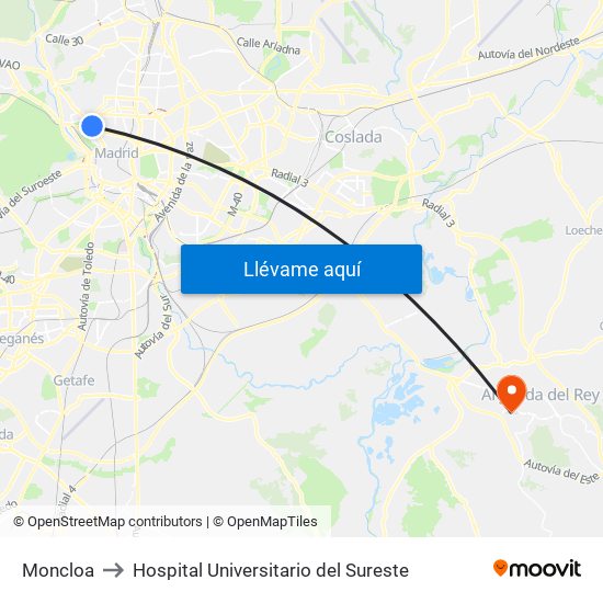 Moncloa to Hospital Universitario del Sureste map