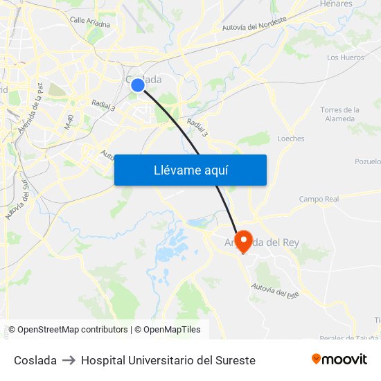 Coslada to Hospital Universitario del Sureste map