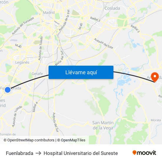 Fuenlabrada to Hospital Universitario del Sureste map