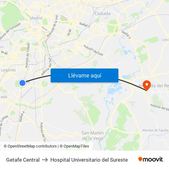 Getafe Central to Hospital Universitario del Sureste map