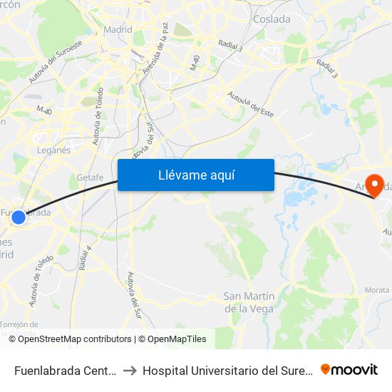 Fuenlabrada Central to Hospital Universitario del Sureste map