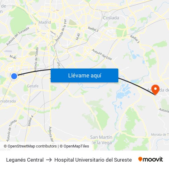 Leganés Central to Hospital Universitario del Sureste map