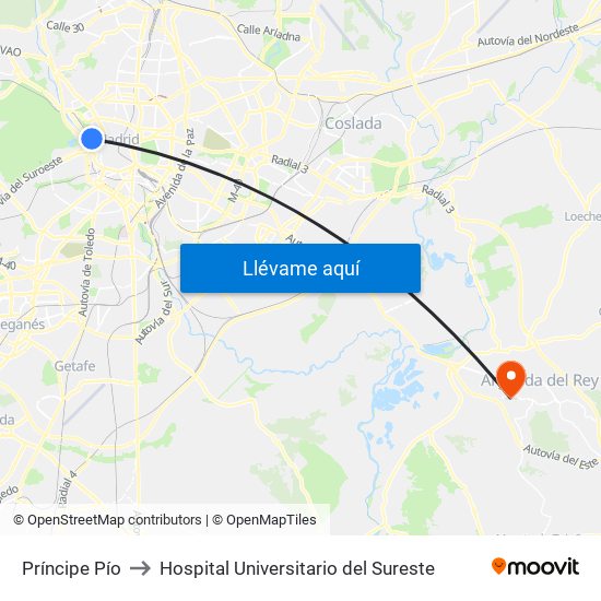 Príncipe Pío to Hospital Universitario del Sureste map