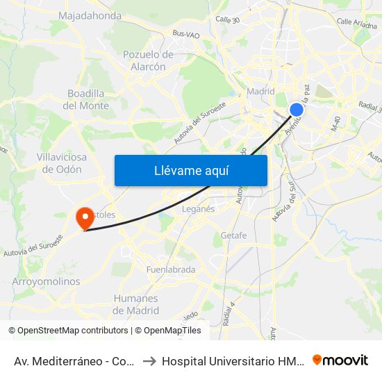Av. Mediterráneo - Conde De Casal to Hospital Universitario HM Puerta del Sur map