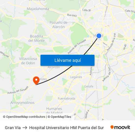 Gran Vía to Hospital Universitario HM Puerta del Sur map