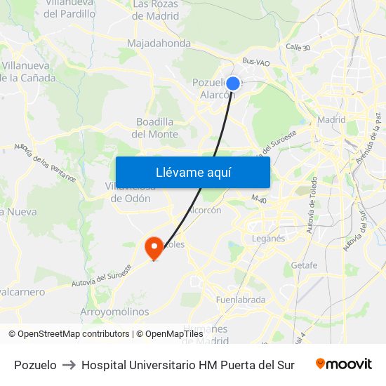 Pozuelo to Hospital Universitario HM Puerta del Sur map