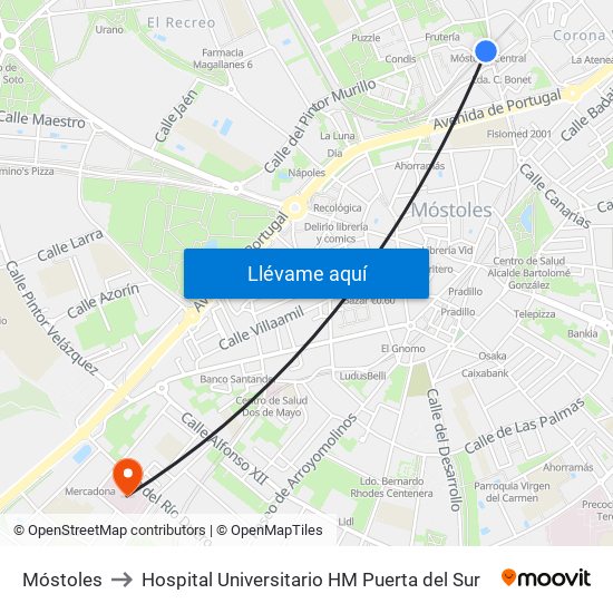 Móstoles to Hospital Universitario HM Puerta del Sur map