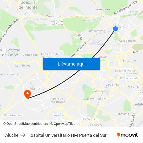 Aluche to Hospital Universitario HM Puerta del Sur map