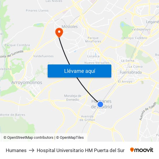 Humanes to Hospital Universitario HM Puerta del Sur map