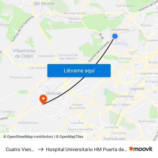 Cuatro Vientos to Hospital Universitario HM Puerta del Sur map
