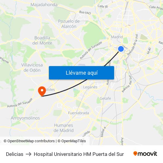 Delicias to Hospital Universitario HM Puerta del Sur map