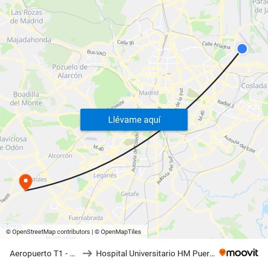 Aeropuerto T1 - T2 - T3 to Hospital Universitario HM Puerta del Sur map