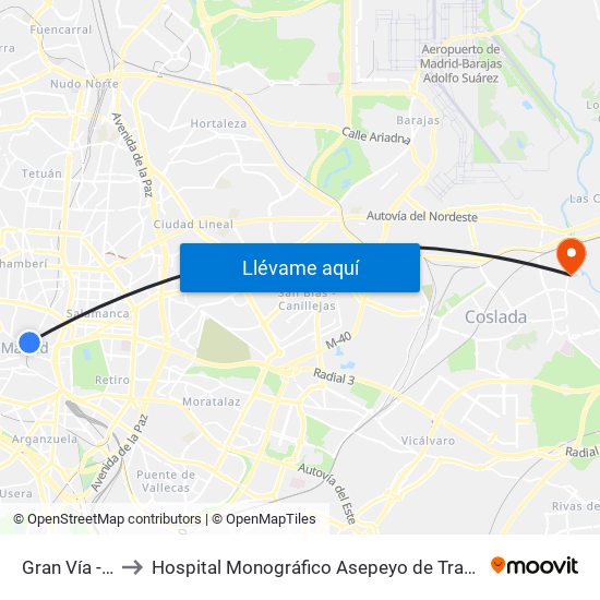 Gran Vía - Montera to Hospital Monográfico Asepeyo de Traumat. Cirugía y Rehabilitación map