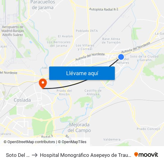 Soto Del Henares to Hospital Monográfico Asepeyo de Traumat. Cirugía y Rehabilitación map