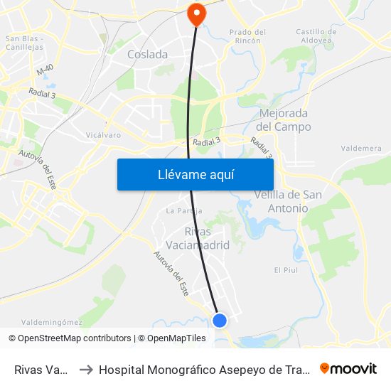 Rivas Vaciamadrid to Hospital Monográfico Asepeyo de Traumat. Cirugía y Rehabilitación map