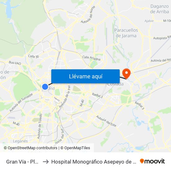 Gran Vía - Plaza De España to Hospital Monográfico Asepeyo de Traumat. Cirugía y Rehabilitación map