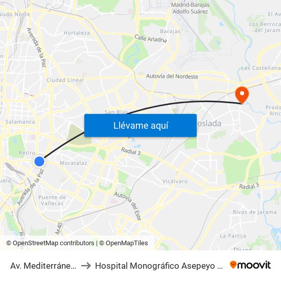 Av. Mediterráneo - Conde De Casal to Hospital Monográfico Asepeyo de Traumat. Cirugía y Rehabilitación map