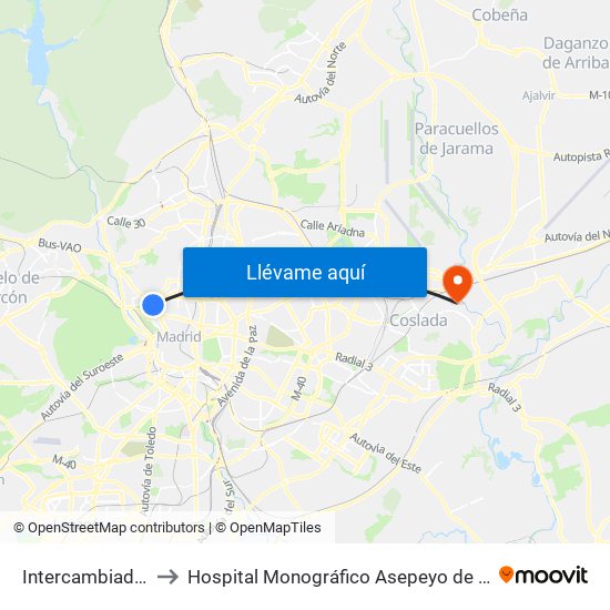 Intercambiador De Moncloa to Hospital Monográfico Asepeyo de Traumat. Cirugía y Rehabilitación map
