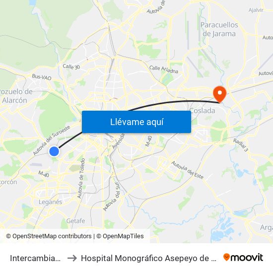 Intercambiador De Aluche to Hospital Monográfico Asepeyo de Traumat. Cirugía y Rehabilitación map